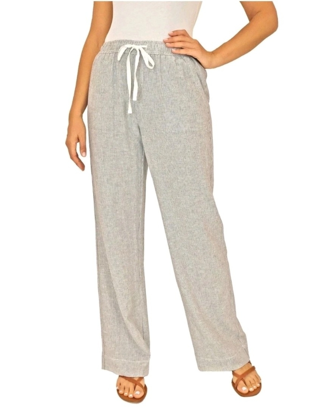NWT Briggs Women's Linen Blend Pull-On Pant Wide Gray/White Striped Size L(228C1